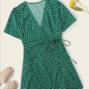 Green Ditzy Floral Wrap Dress